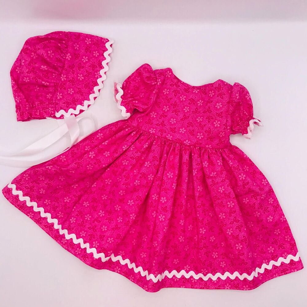 Pioneer Doll Dress & Bonnet, Handmade For 18 Inch Dolls Floral Pink w RicRac